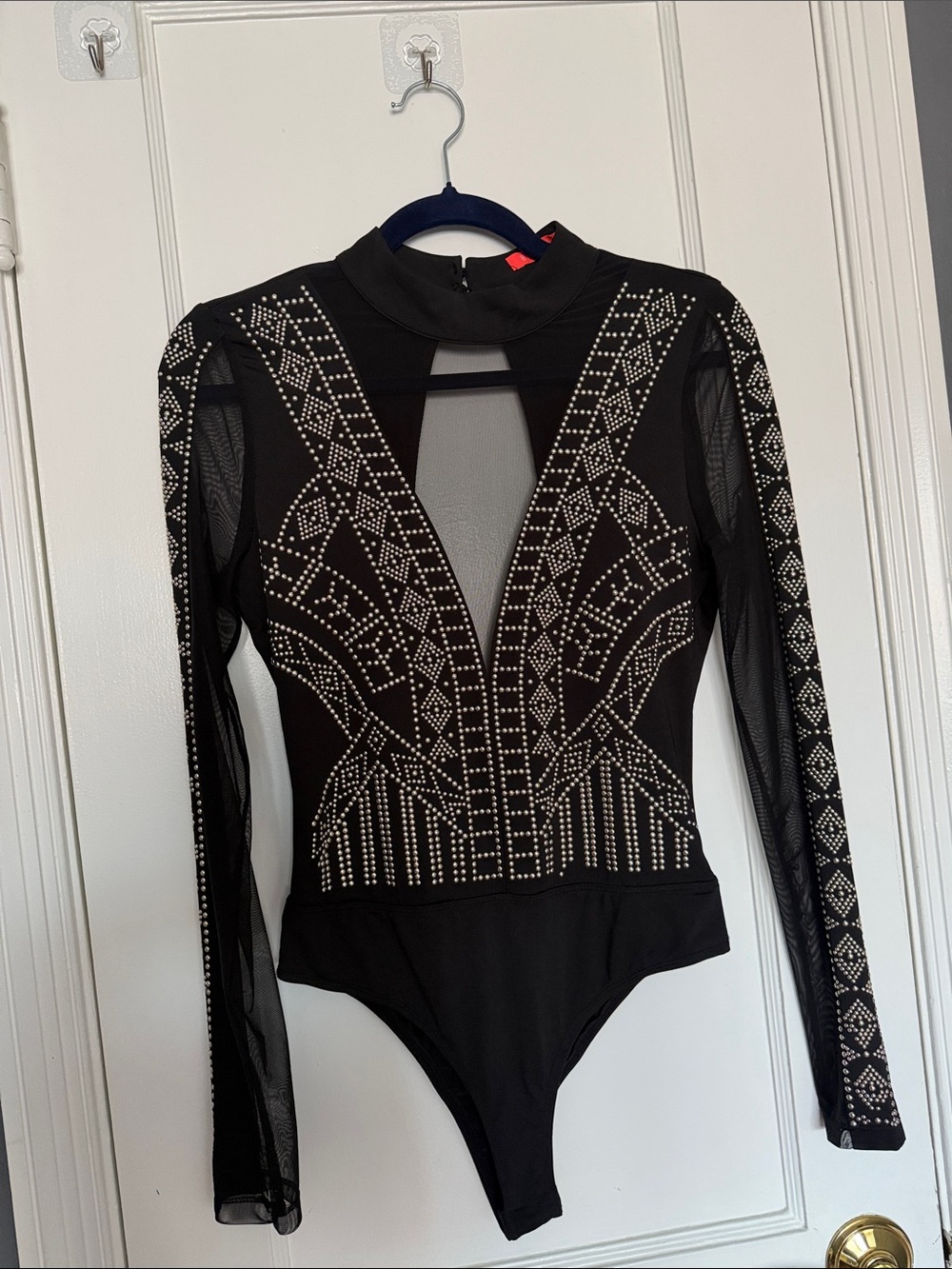Black Studded Mesh Long Sleeve Bodysuit